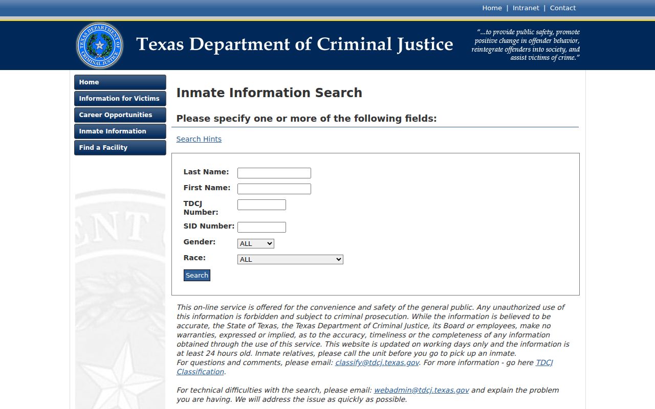 Crane County arrest records TDCJ online inmate search