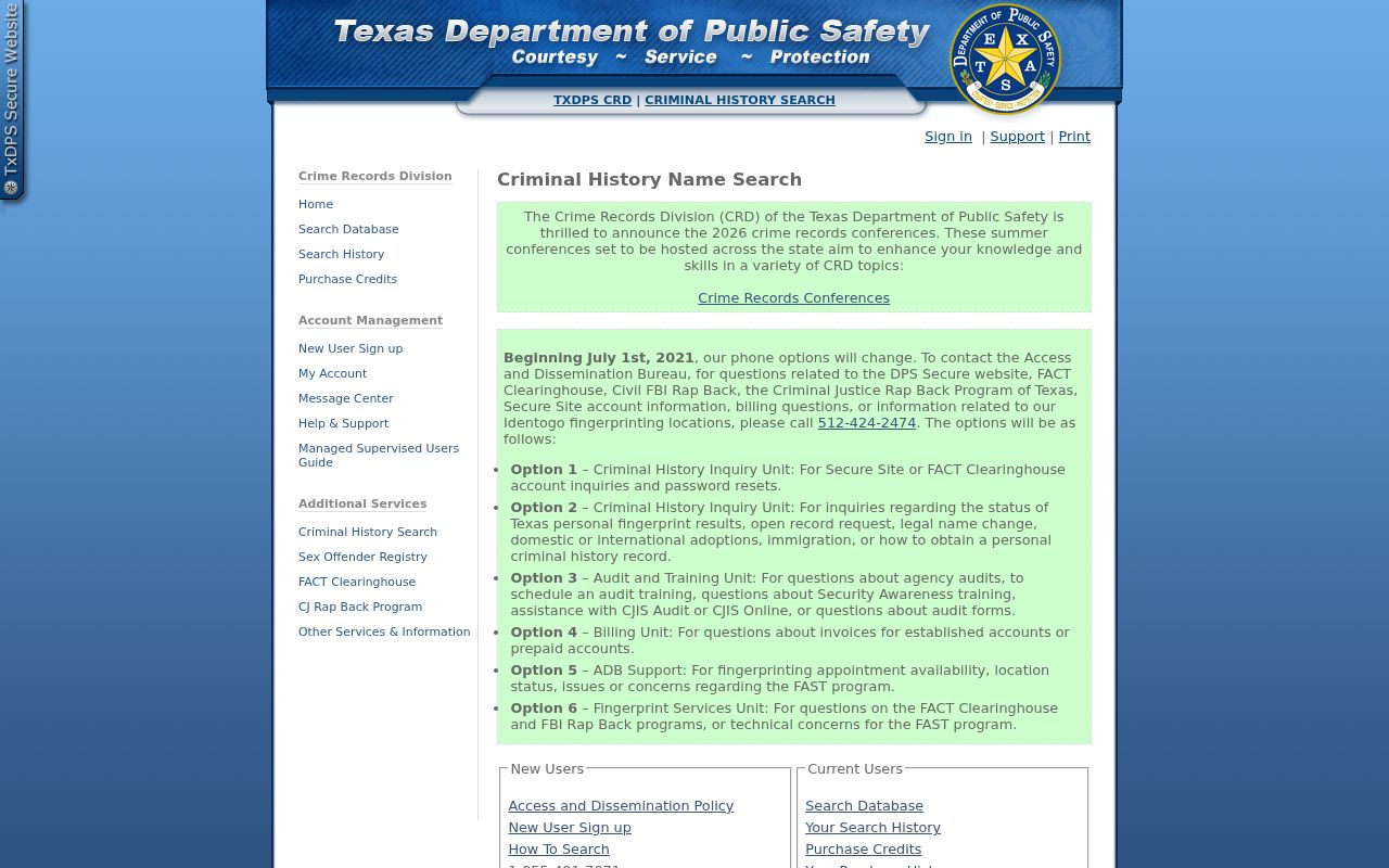 Crane County criminal history search through the Texas DPS portal