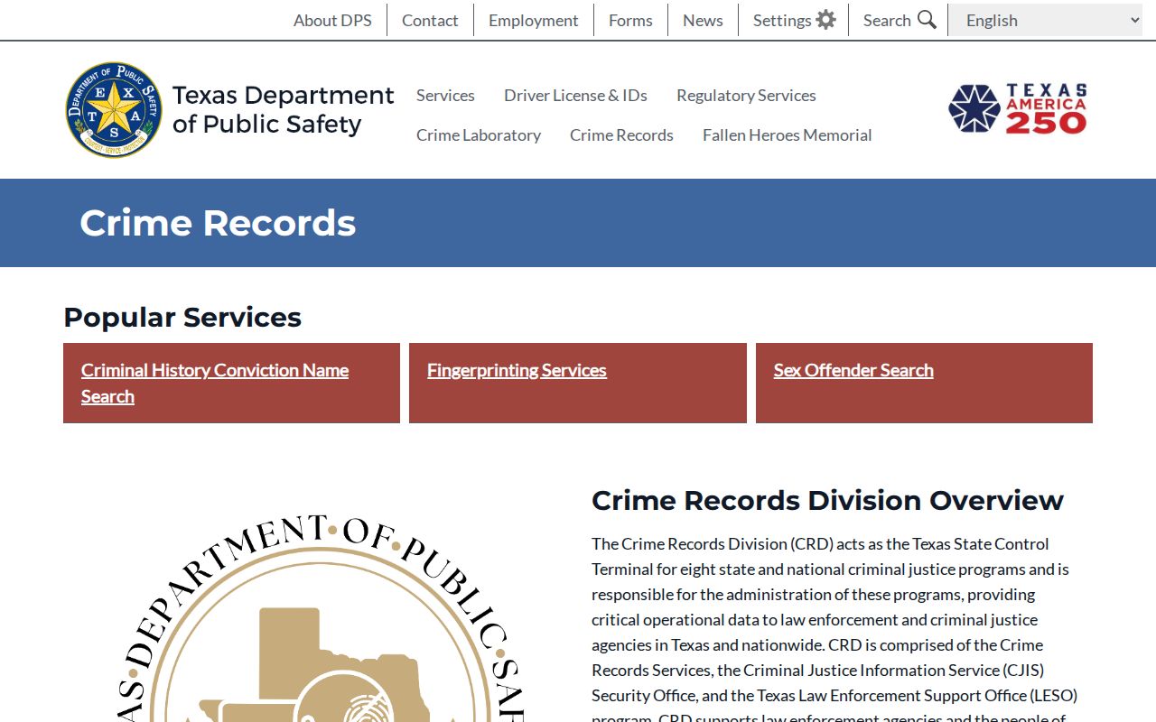 Crane County criminal history services at Texas DPS Crime Records