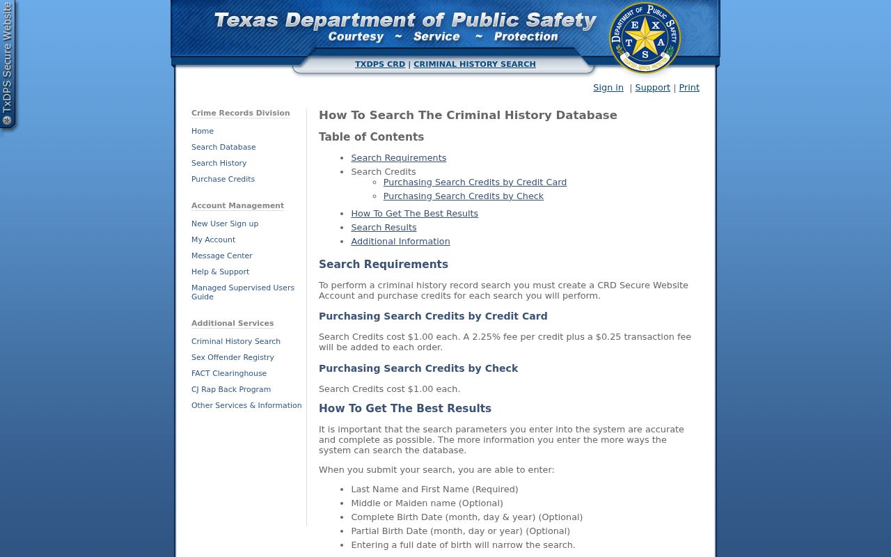 Crane County criminal history name search instructions from Texas DPS