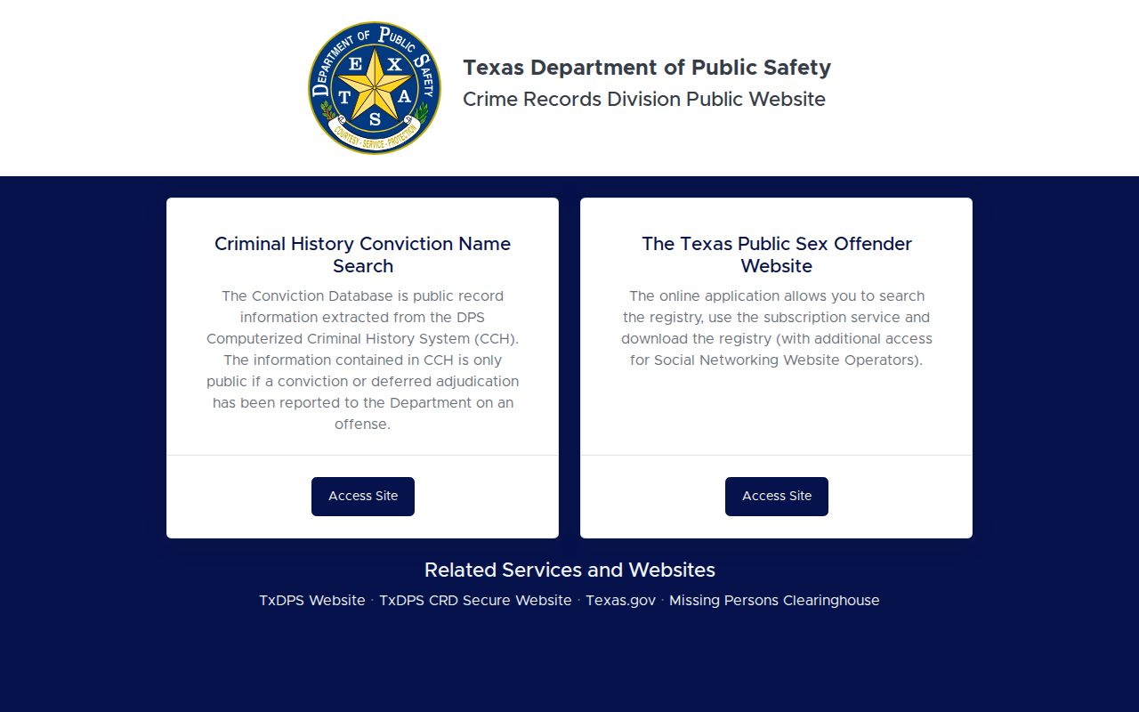 Crane County criminal records access through the Texas DPS public site