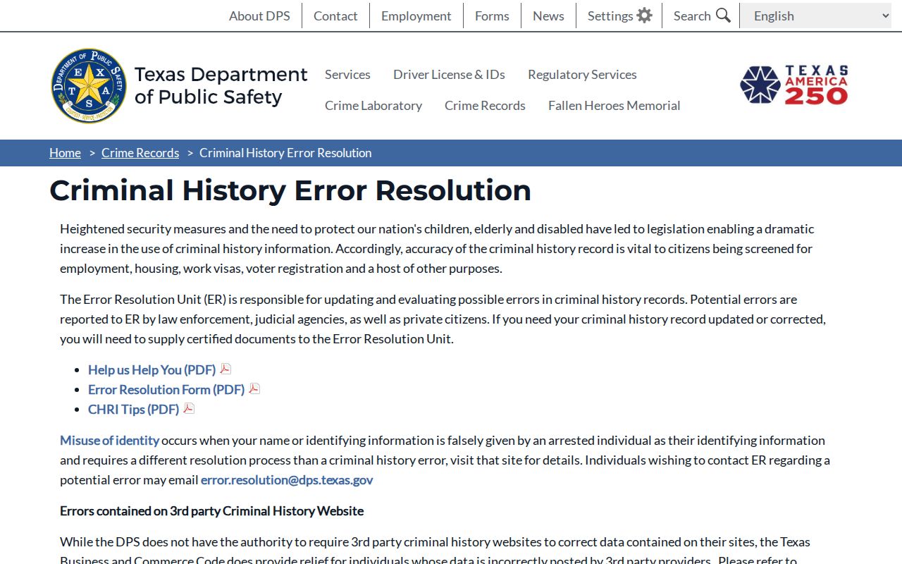 Crane County criminal record correction through Texas DPS Error Resolution