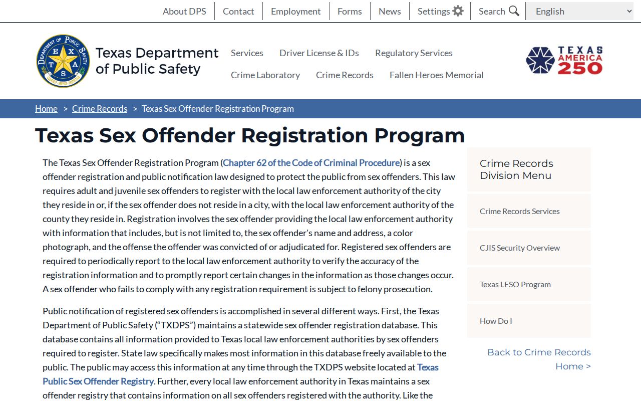 Crane County sex offender lookup through the Texas DPS registration program