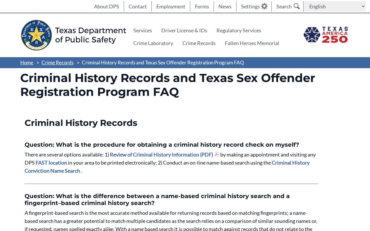 Crane County registry profile review using the Texas DPS sex offender FAQ